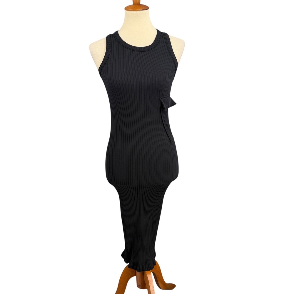 Courreges Paris Ribbed Tank‎ Midi Dress Size Small Black Sleeveless Cargo Pocket